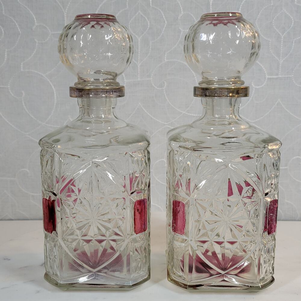 Vintage Decanters Crystal Cranberry Liquor Heavy Cut Glass Whiskey Set of 2